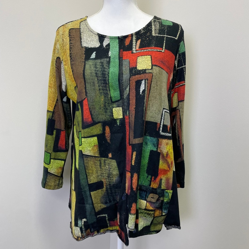 Jess & Jane Cubes Abstract Geometric Print Top Medium 3/4 Sleeve Multi Color